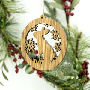 Rabbit Christmas Wood Ornament - Woodland Animal Silhouette Laser Cut Wooden Tree Decoration - White Oak Bunny Ornament - Wildlife Ornament