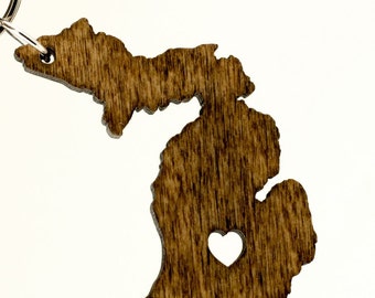 Michigan Wooden Keychain - MI State Keychain - Wooden Michigan Carved Key Ring - Wooden MI Charm - State of Michigan Keychain - MI State
