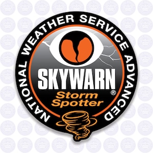May include: A black and white circular logo with the text "National Weather Service Advanced" and "Skywarn Storm Spotter" in white. The logo has a stylised eye with a lightning bolt and a tornado graphic.