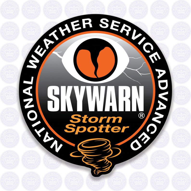 May include: A black and white circular logo with the text "National Weather Service Advanced" and "Skywarn Storm Spotter" in white. The logo has a stylized eye with a lightning bolt and a tornado graphic.