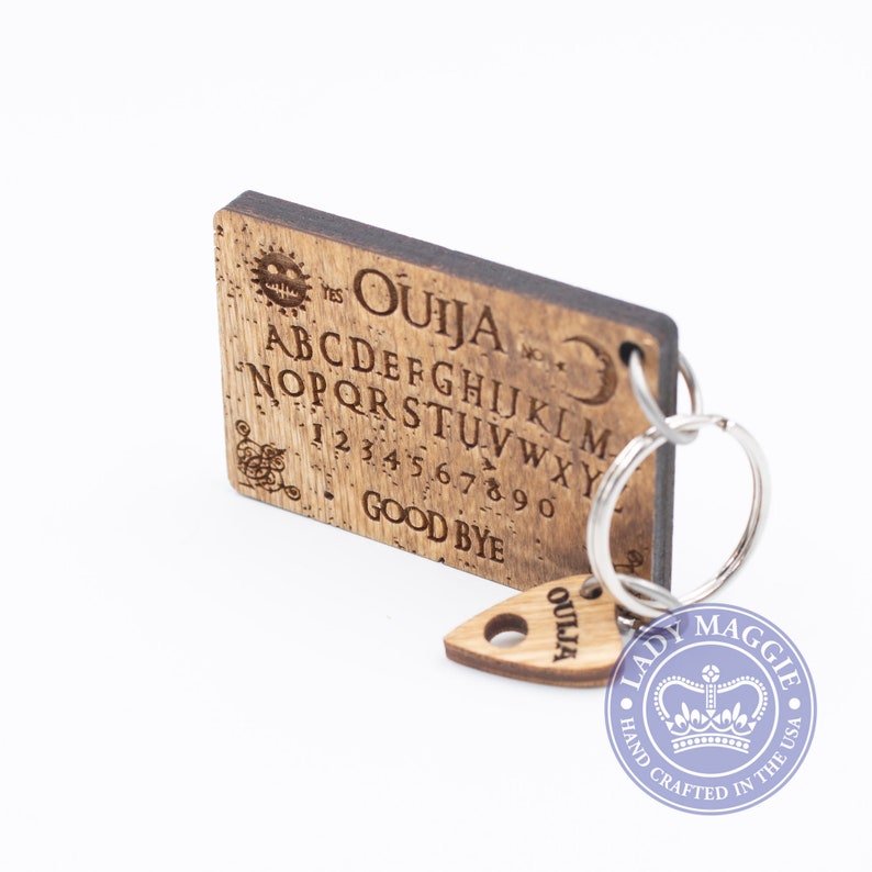 Rustic Ouija Board with Planchette Keychain Set Mini Ouija Board & Planchette Keyring Ouija Mystifying Oracle Planchette Engraved Charm image 4