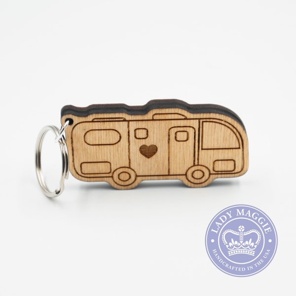 RV Camper Keychain - Motorhome Camper Charm - Camping Keychain - RV Engraved Wood Key Ring - Camper Trailer - RV Keyring