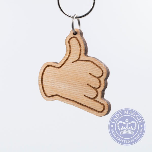 Call Me Hand Emoji Keychain - Call Me Emoji Carved Wood Key Ring - Hawaiian Shaka Hand Sign Emoji Wooden Engraved Charm - Phone Hand Emoji