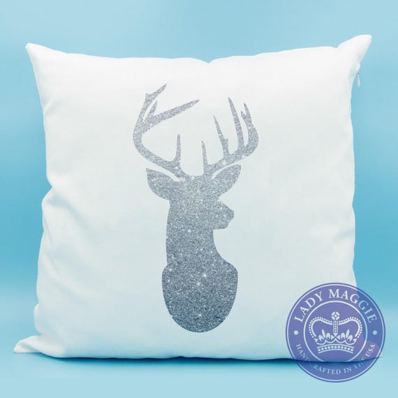 Glitter Deer Head Silhouette Pillow Silver Deer Head Throw Etsy