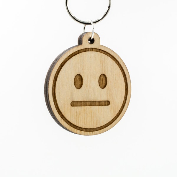 Neutral Face Emoji Wooden Keychain - Poker Face Face Emoji Carved Wood Key Ring - Face with Straight Mouth Emoji