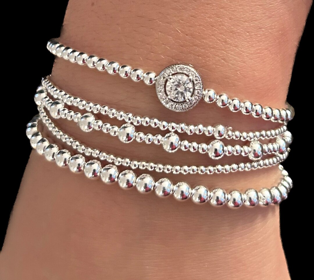 Sterling Silver Beaded Five Bracelet Stack With Cubic Zirconia - Etsy