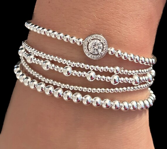 Sterling Silver Beaded Five Bracelet Stack With Cubic Zirconia - Etsy