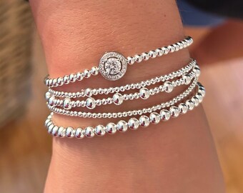 Sterling Silver Beaded Five Bracelet Stack With Cubic Zirconia - Etsy