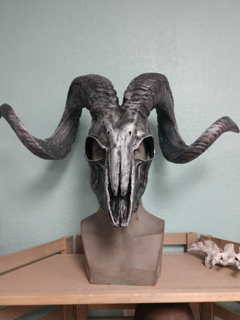 Metallic Black Ram Skull Mask SM/M with large ram horns Etsy