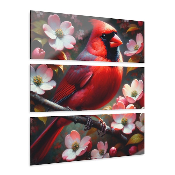 red cardinal, dogwood branch, acrylic prints, triptych, nature art, bird art, wildlife, home decor,wall art,serene,tranquil,beauty,loved one