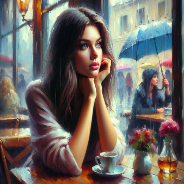 Girl In a Cafe in the rain, Home and Mansion Wall Decor, Digital Print, Instant Printable, oil painting fantasy, vintage people portrait art