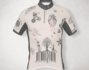 Inked Short Zipper Jersey  / Athletic Apparel 3 pocket Dry Fit Jersey with reflective stripe / Bicycle themed Garment skate activewear