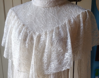 Vintage Sheer Lace Blouse Off White Floral High Neck Prairie Collared Long Sleeve M