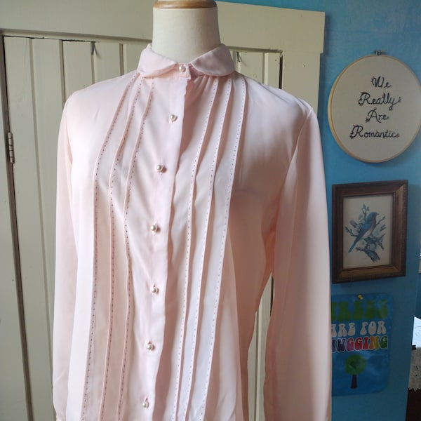 vintage pale pink button down blouse contrast stitching peter pan collar semi sheer long sleeve pearl s m