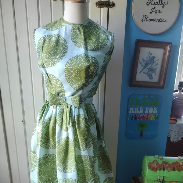 Vintage Green 50s 60s Fit Flare Dress Bow Belt