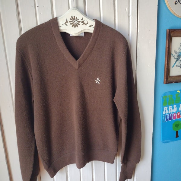 Vintage 70s 80s Chocolate Brown V-neck Pullover Sweater Long Sleeve Embroidered Munsingwear Grand Slam