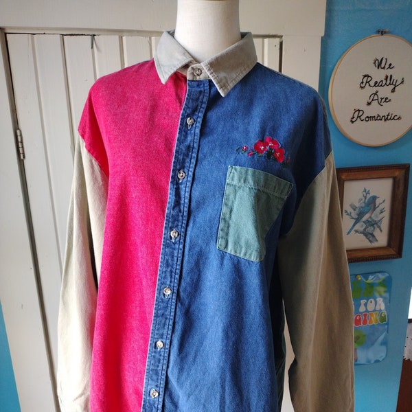 Vintage 90s Colorblock Denim Shirt Applique Flowers Red Blue Green Tan XL Long Sleeve Button Down Colorful