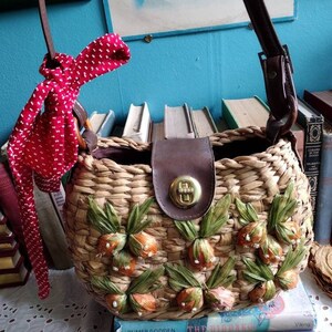 Vintage Raffia Strawberry Bag & Red White Polka Dot Head Scarf Bags by Patricia Made in the Philippines