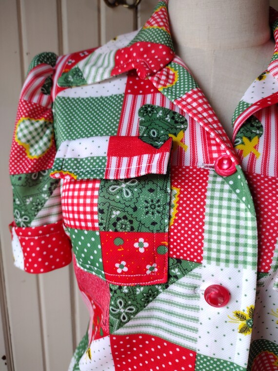 Vintage 60s 70s Patchwork Print Button Shirt Red … - image 4