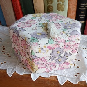 Small Floral Fabric Storage Box White Pink Purple Hexagon Tassel