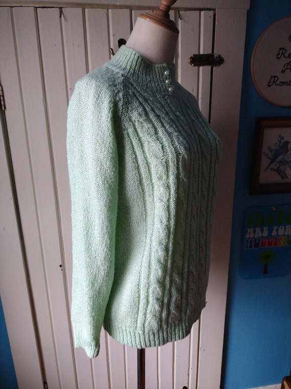 Vintage Sea Green Sweater Cableknit Pullover 80s … - image 5