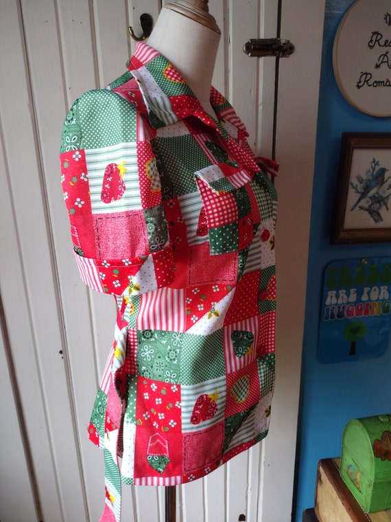 Vintage 60s 70s Patchwork Print Button Shirt Red … - image 9