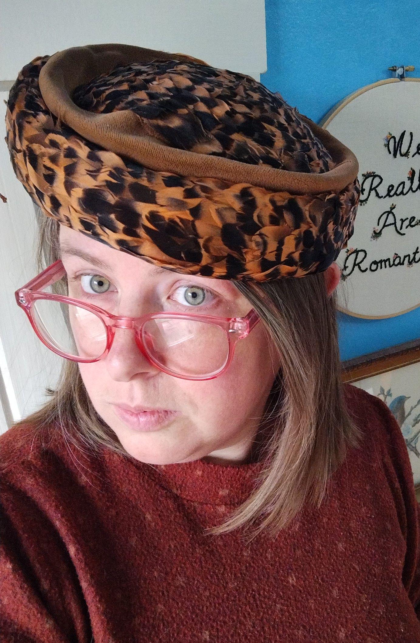Vintage Feathered Pillbox Hat in Iridescent Brown with Red & Yellow Accents Feather Pillbox 1960s Vintage Hats for Women for sale | eBay main image 3