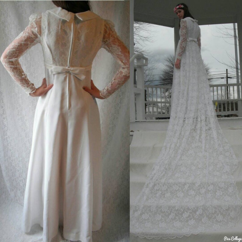 Beautiful Vintage 70/'s Handmade Wedding Gown Lace Removable Train White Long Sleeve Shirt Collar Dress Bridal Bow Empire Waist XS 4 S Small