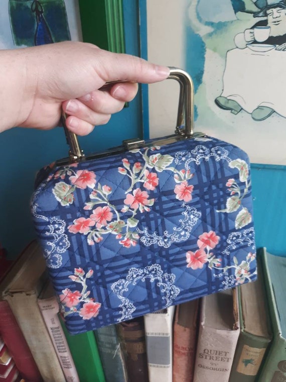 Vintage 70s Quilted Box Purse Blue Floral - image 7