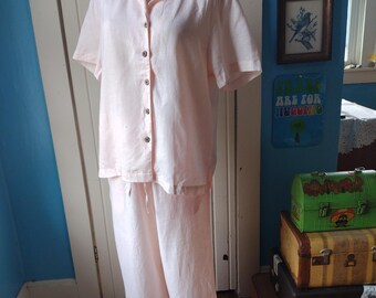 Vintage Linen Pink Shirt Pants Set Casual Light Summer 2 Piece Outfit Button Down Shirt Drawstring Pants Top Collared Blouse Short Sleeve L