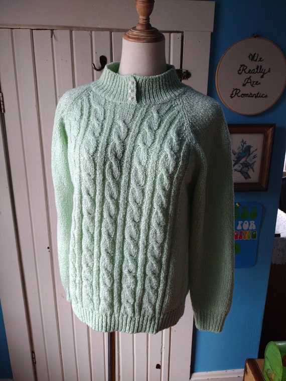 Vintage Sea Green Sweater Cableknit Pullover 80s … - image 8