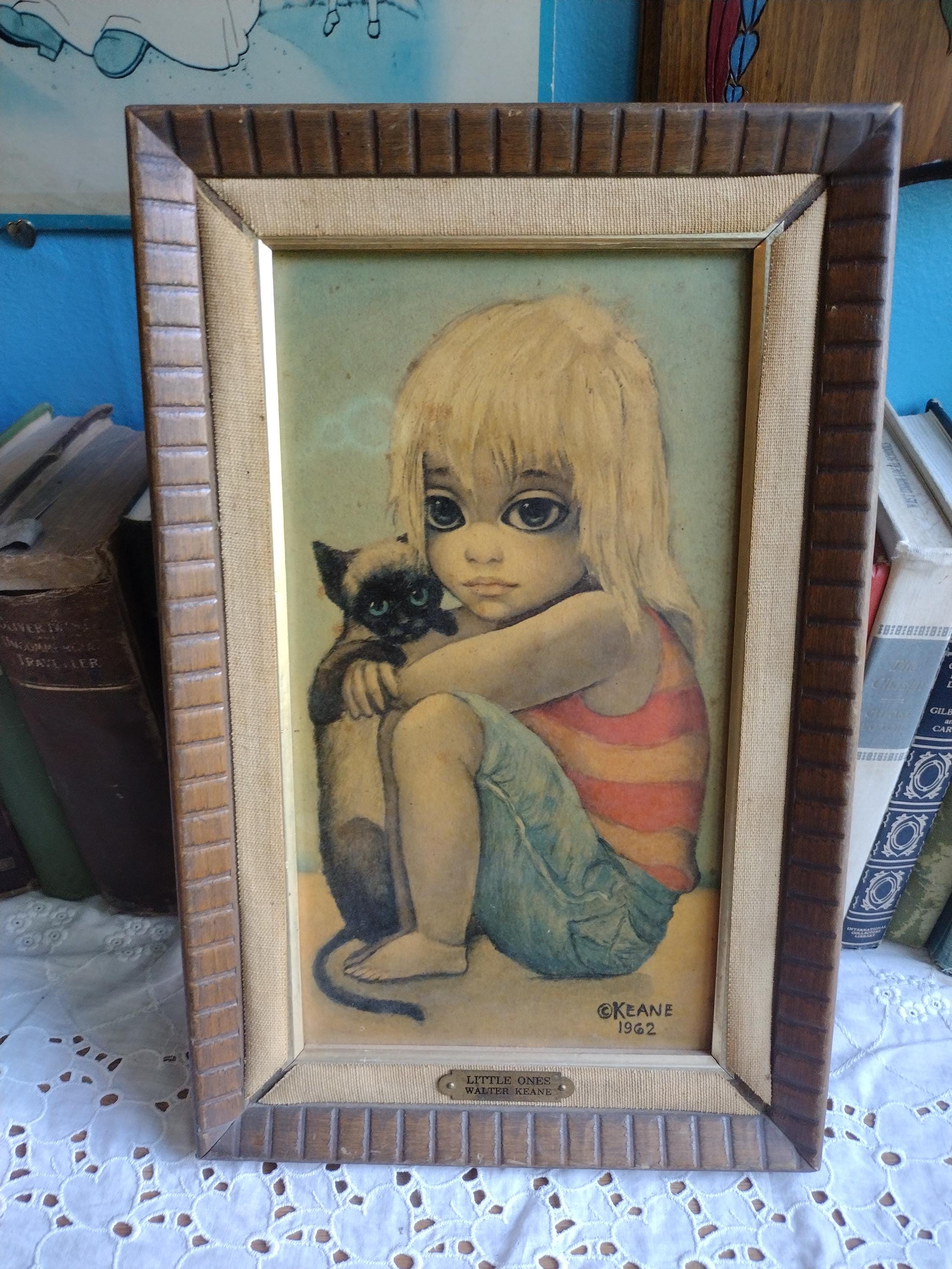 Vintage 60s Margaret Keane Print Little Ones Girl Cat Big Eyes