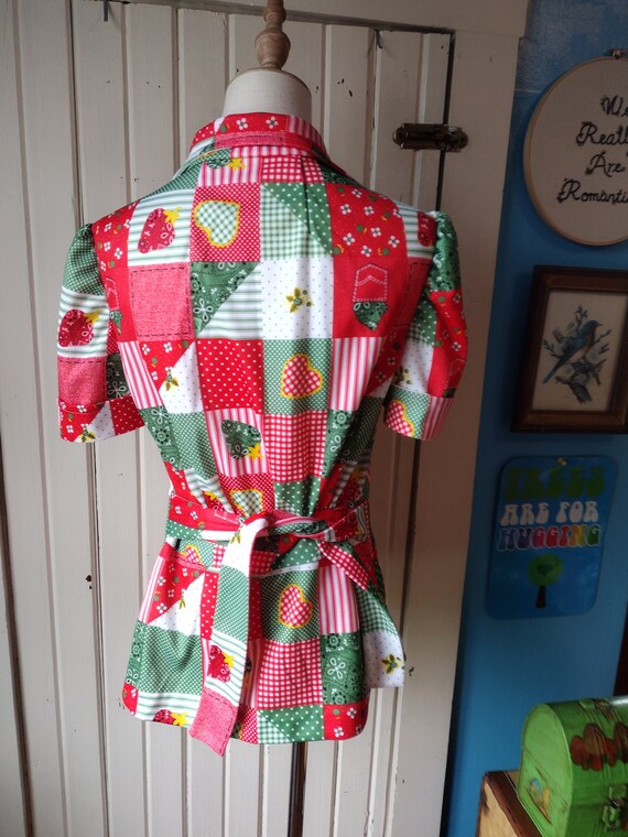 Vintage 60s 70s Patchwork Print Button Shirt Red … - image 3