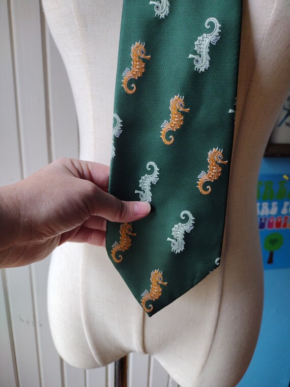 Vintage 70s Wide Seahorse Green Yellow Tie - image 2