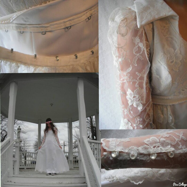Beautiful Vintage 70/'s Handmade Wedding Gown Lace Removable Train White Long Sleeve Shirt Collar Dress Bridal Bow Empire Waist XS 4 S Small