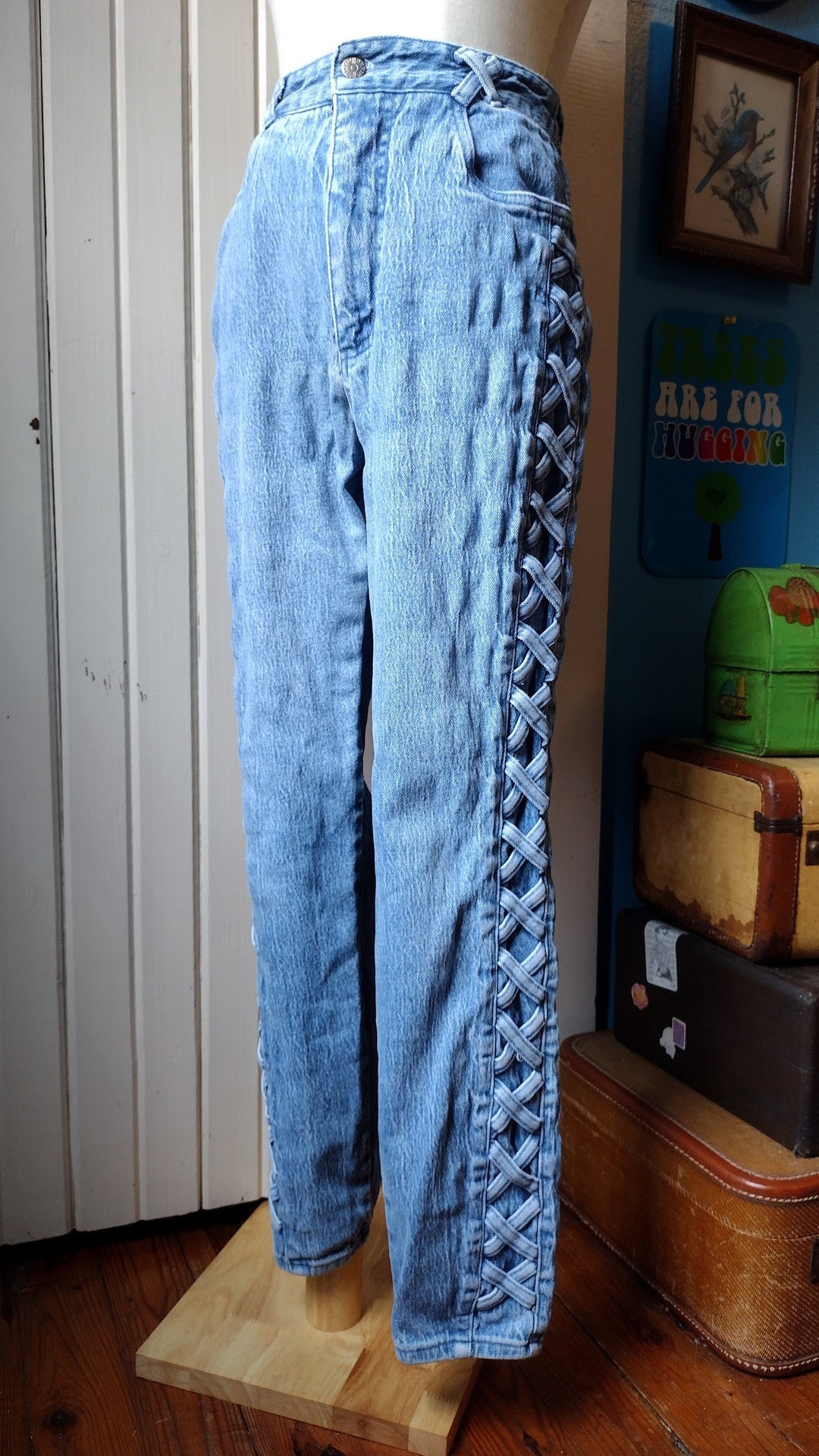 MR NEARLY★Vintage Fold Over Straight Embroidered Jeans MR19 Vintage Brooklyn Xpress Jeans Mens 36x34 Gray Grunge Y2k 90s