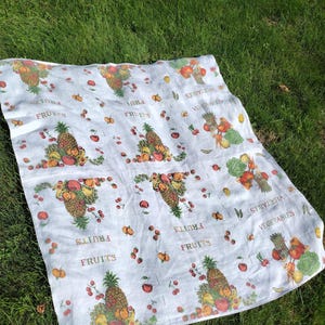 Puede incluir: Mantel blanco con un patrón repetido de frutas y verduras. El diseño incluye piñas, cerezas y otras frutas, junto con las palabras "FRUITS" y "VEGETABLES" en texto marrón. El mantel está sobre hierba verde.