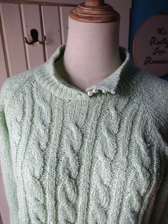 Vintage Sea Green Sweater Cableknit Pullover 80s … - image 2