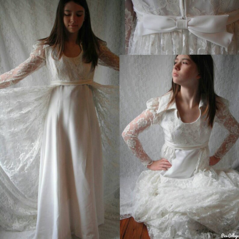 Beautiful Vintage 70/'s Handmade Wedding Gown Lace Removable Train White Long Sleeve Shirt Collar Dress Bridal Bow Empire Waist XS 4 S Small