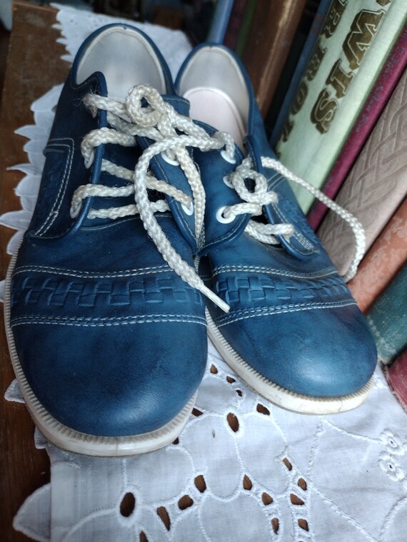 Vintage Blue Bowling Shoes Laceup Casual Faux Lea… - image 6
