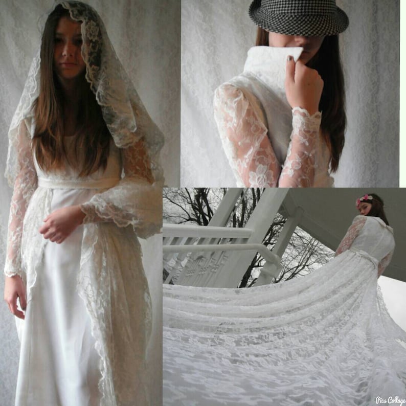 Beautiful Vintage 70/'s Handmade Wedding Gown Lace Removable Train White Long Sleeve Shirt Collar Dress Bridal Bow Empire Waist XS 4 S Small
