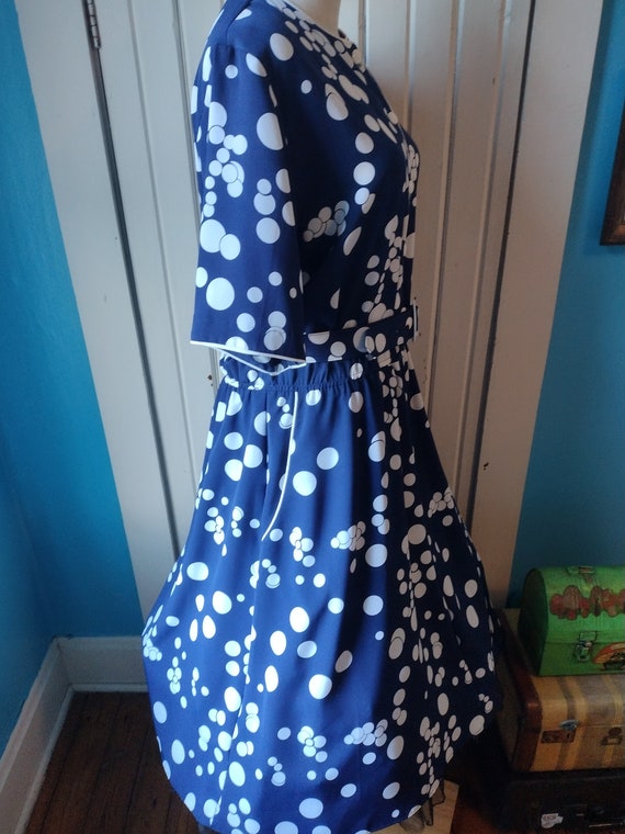 Vintage Navy Blue Polka Dot Dress Belted Short Sl… - image 6
