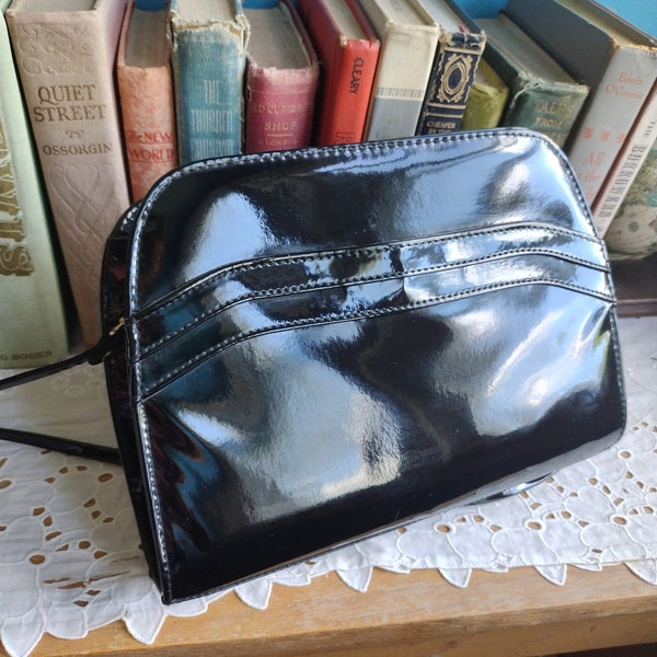 Vintage 80s Patent Leather Crossbody Bag Shiny Black Shoulder Purse