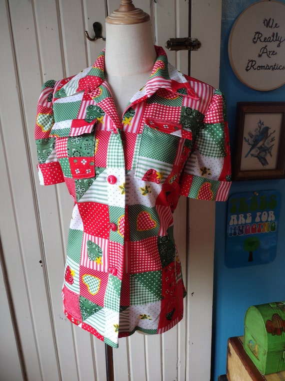 Vintage 60s 70s Patchwork Print Button Shirt Red … - image 1