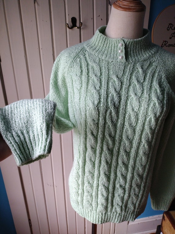 Vintage Sea Green Sweater Cableknit Pullover 80s … - image 1