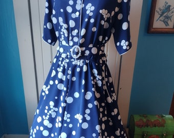 Vintage Navy Blue Polka Dot Dress Belted Short Sleeve M L