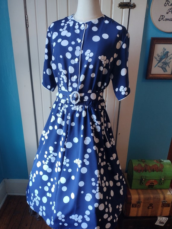 Vintage Navy Blue Polka Dot Dress Belted Short Sl… - image 1