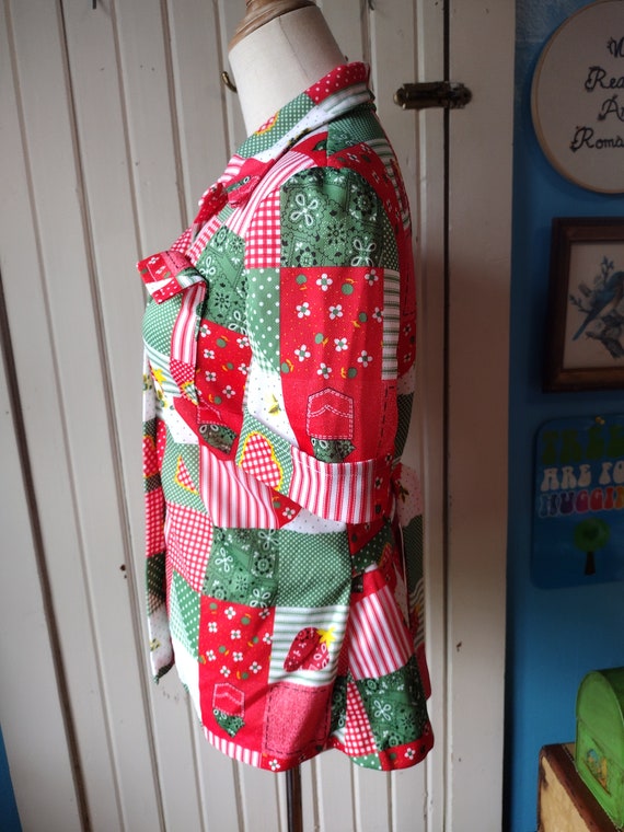 Vintage 60s 70s Patchwork Print Button Shirt Red … - image 6