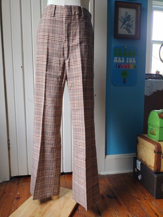 Vintage 60s 70s Plaid Pants Brown Beige Women's 2… - image 1