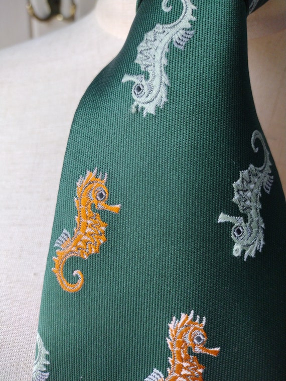 Vintage 70s Wide Seahorse Green Yellow Tie - image 6